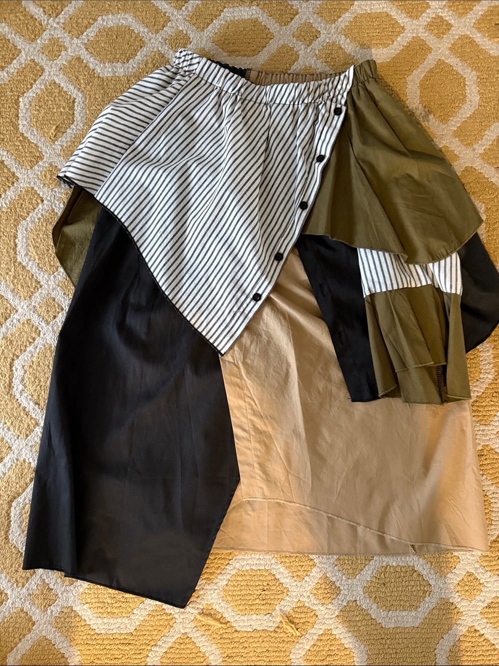 Asymmetrical Patchwork Midi Skirt in Black, Olive & Beige